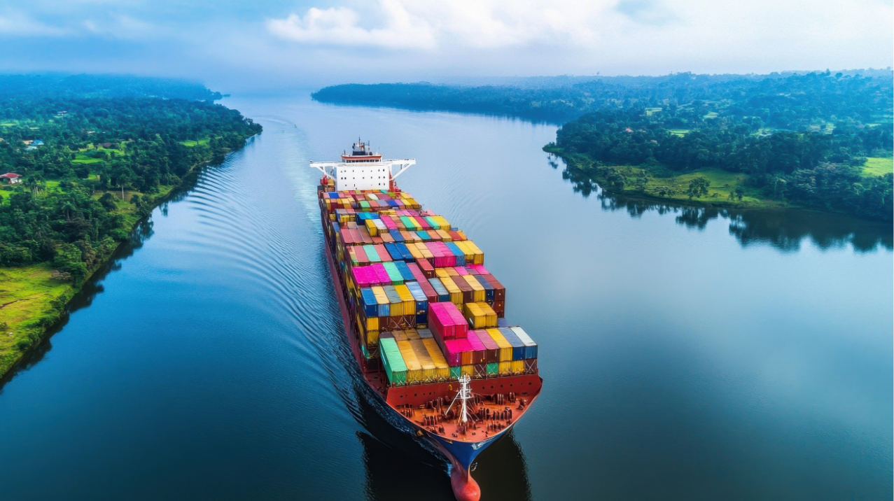 A large container ship glides down a wide river in a tropical area.