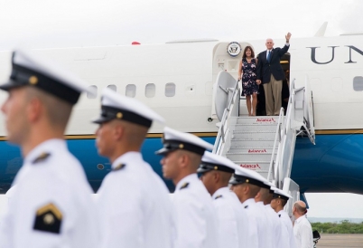 U.S. Vice President Mike Pence and his mother Karen arrive in Colombia. (White House photo)